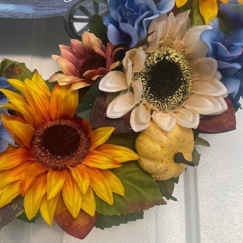 Handmade fall sunflower wreath sign says happy fall y’all 24”
